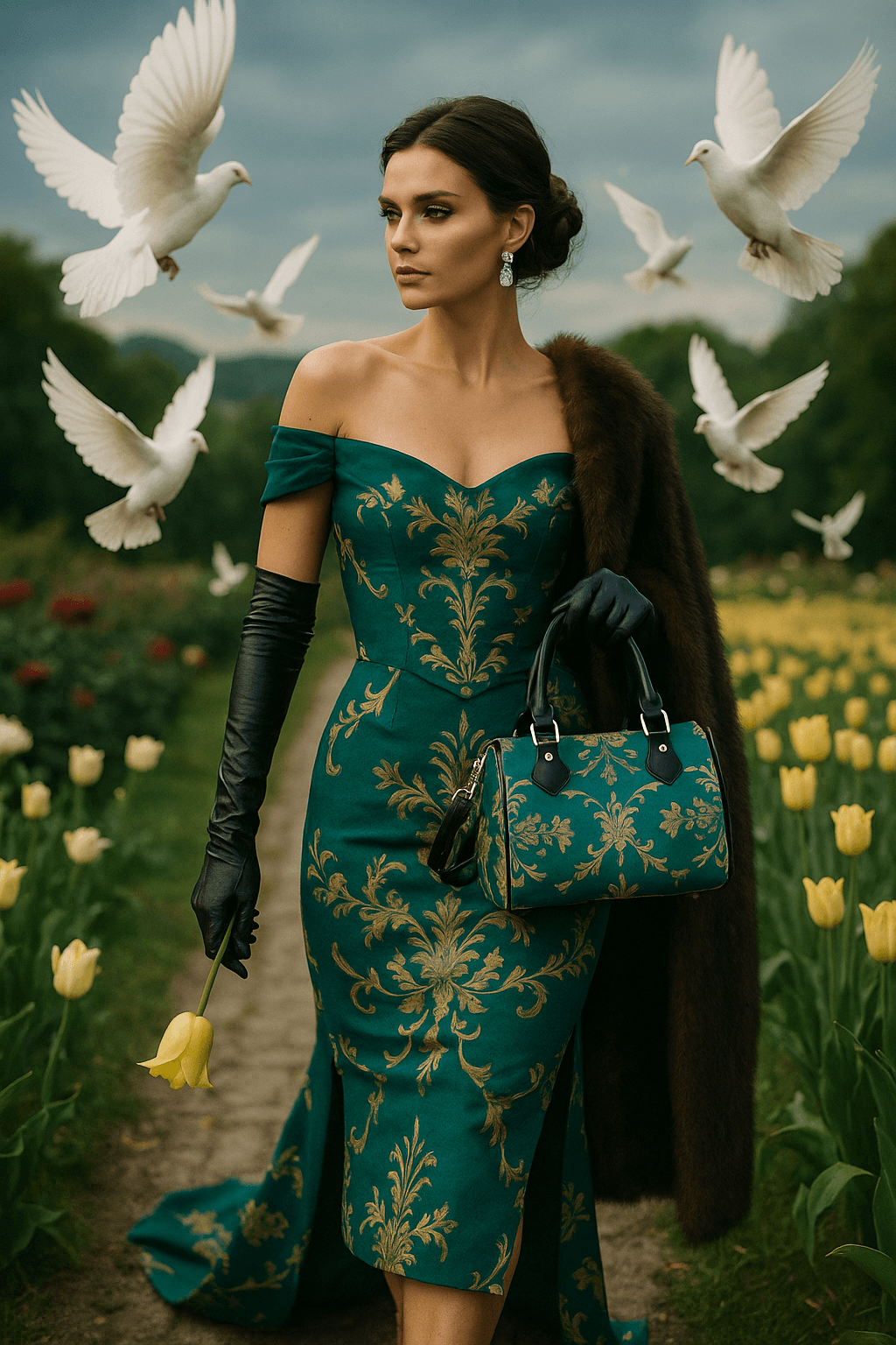 Aqua Blue Baroque leather mini crossbody bag with elegant evening outfit and black gloves