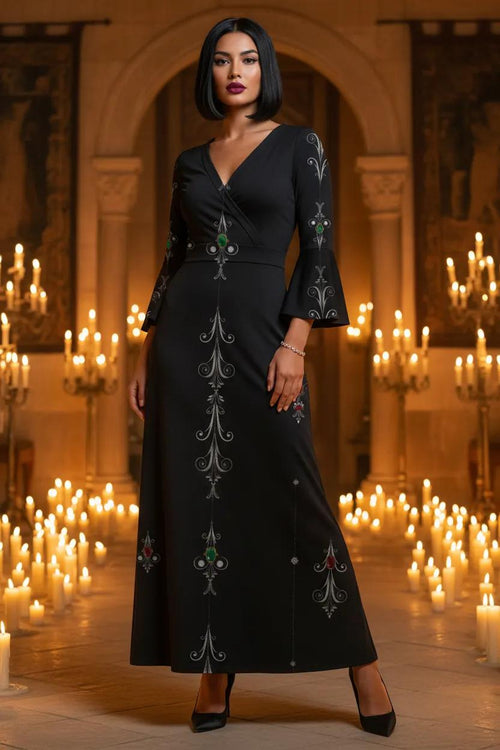 Aryani-Deep Charcoal Women's V-Neck Long Sleeve Maxi Dress-S-8XL by Angelic Blessings with fitted waist and intricate embroidery