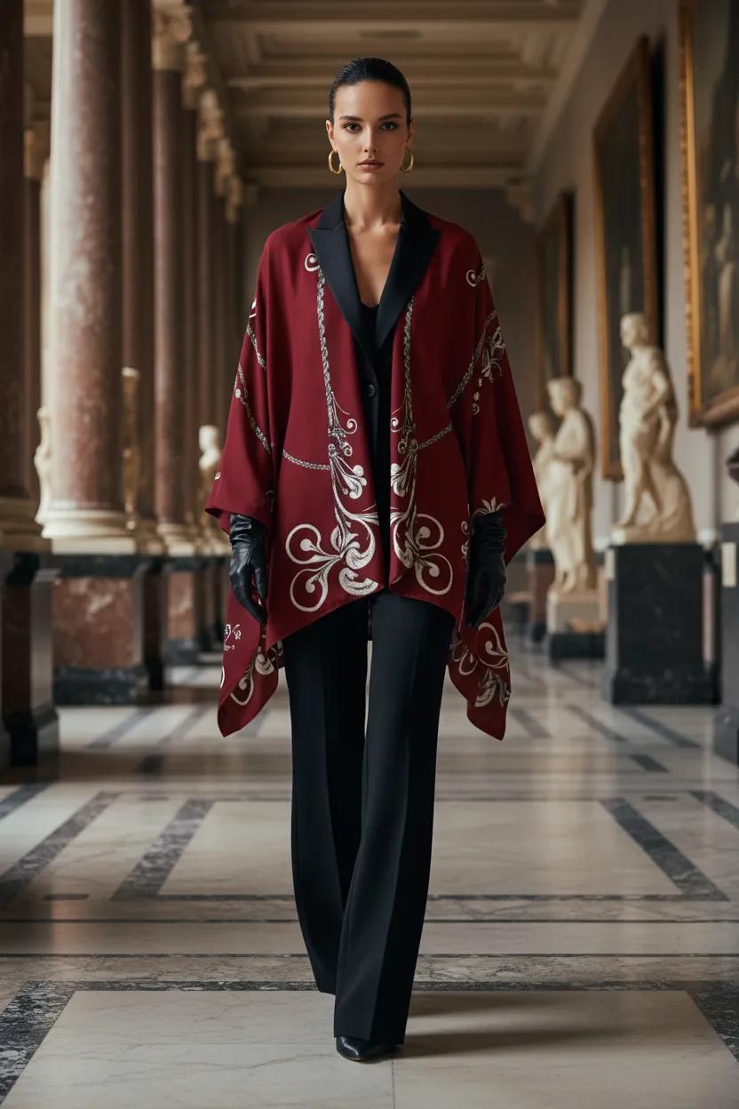 Barogue burgundy shawl elegant evening outfit with intricate white pattern