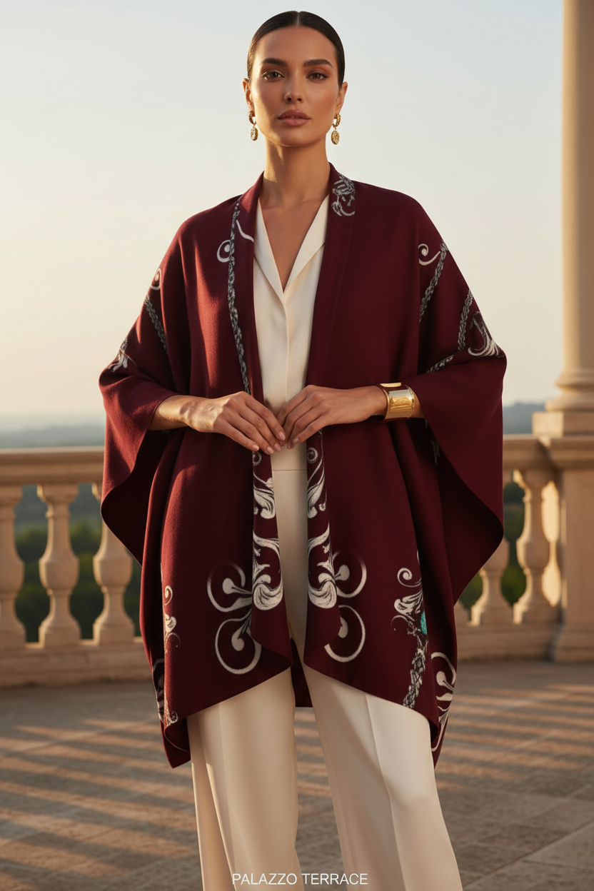 Barogue burgundy shawl elegant evening outfit with decorative white pattern