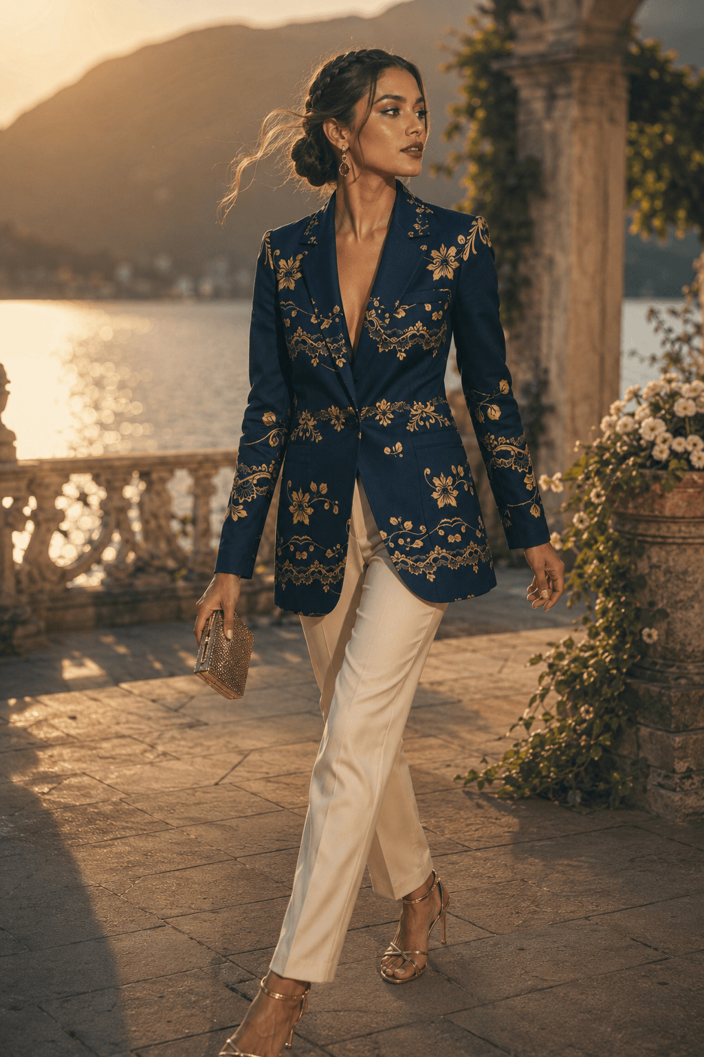 A woman walks outdoors by a lake at sunset wearing a navy blue tailored blazer with ornate gold floral embroidery, cream trousers, and metallic high heels, holding a small clutch.