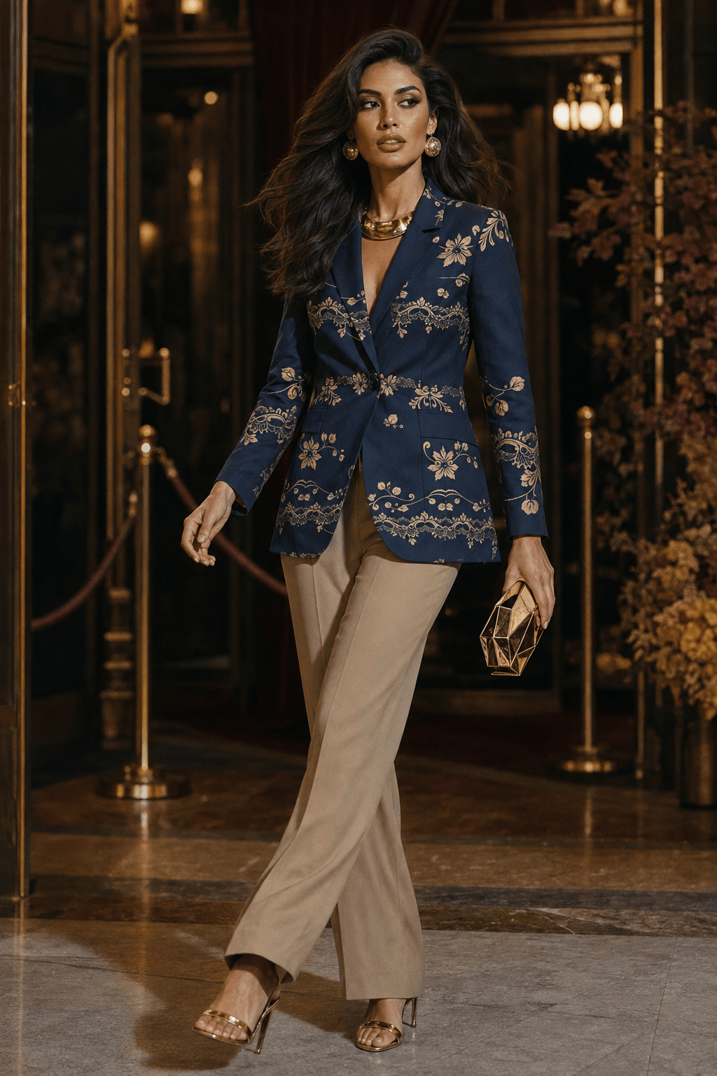 A woman walks through an elegant indoor hallway wearing a navy blue blazer with ornate gold floral embroidery, paired with beige flared pants, metallic heels, and holding a small gold clutch.
