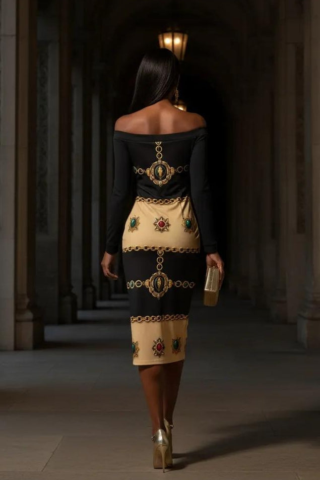 Baroque Bodycon Black and Gold Bodycon Dress Elegant Evening Outfit with Off Shoulder Design