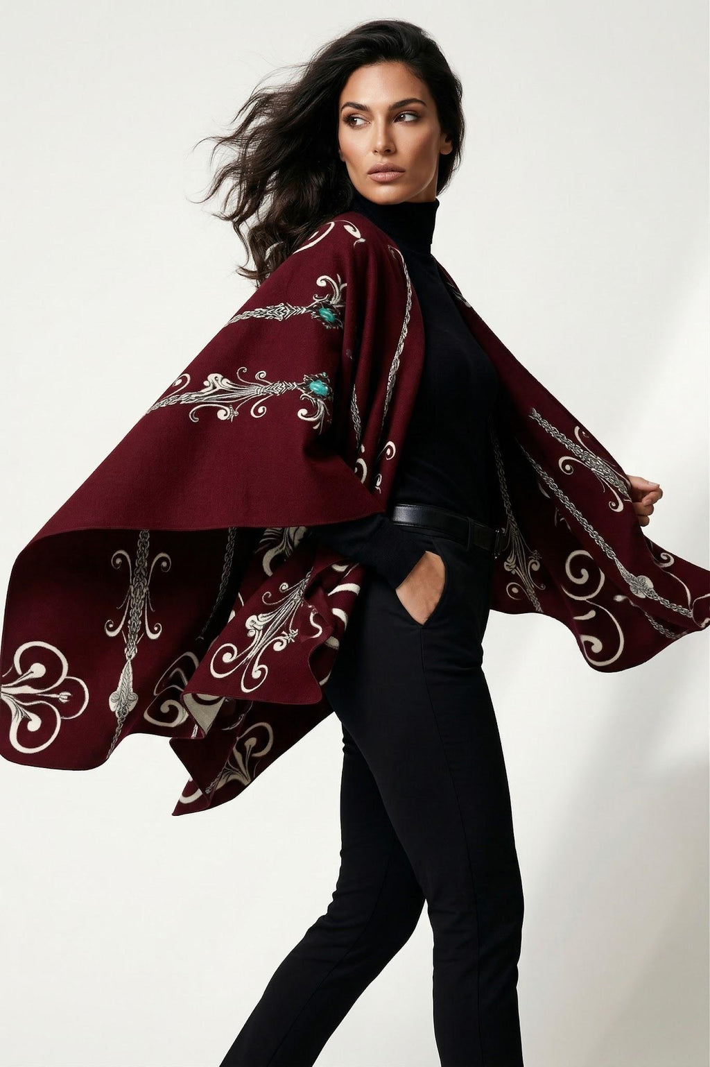 Barogue burgundy shawl elegant evening outfit with intricate printed design