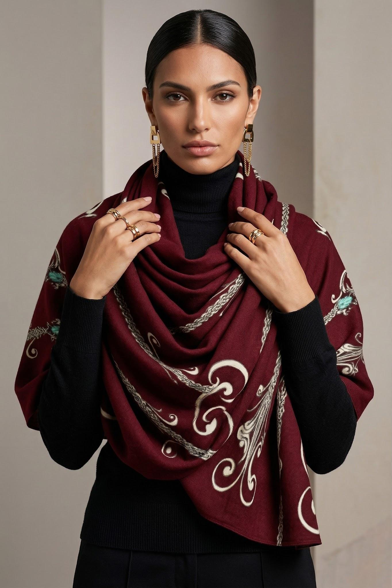 Barogue Burgundy Shawl Draped Over Elegant Evening Outfit with Detailed Pattern