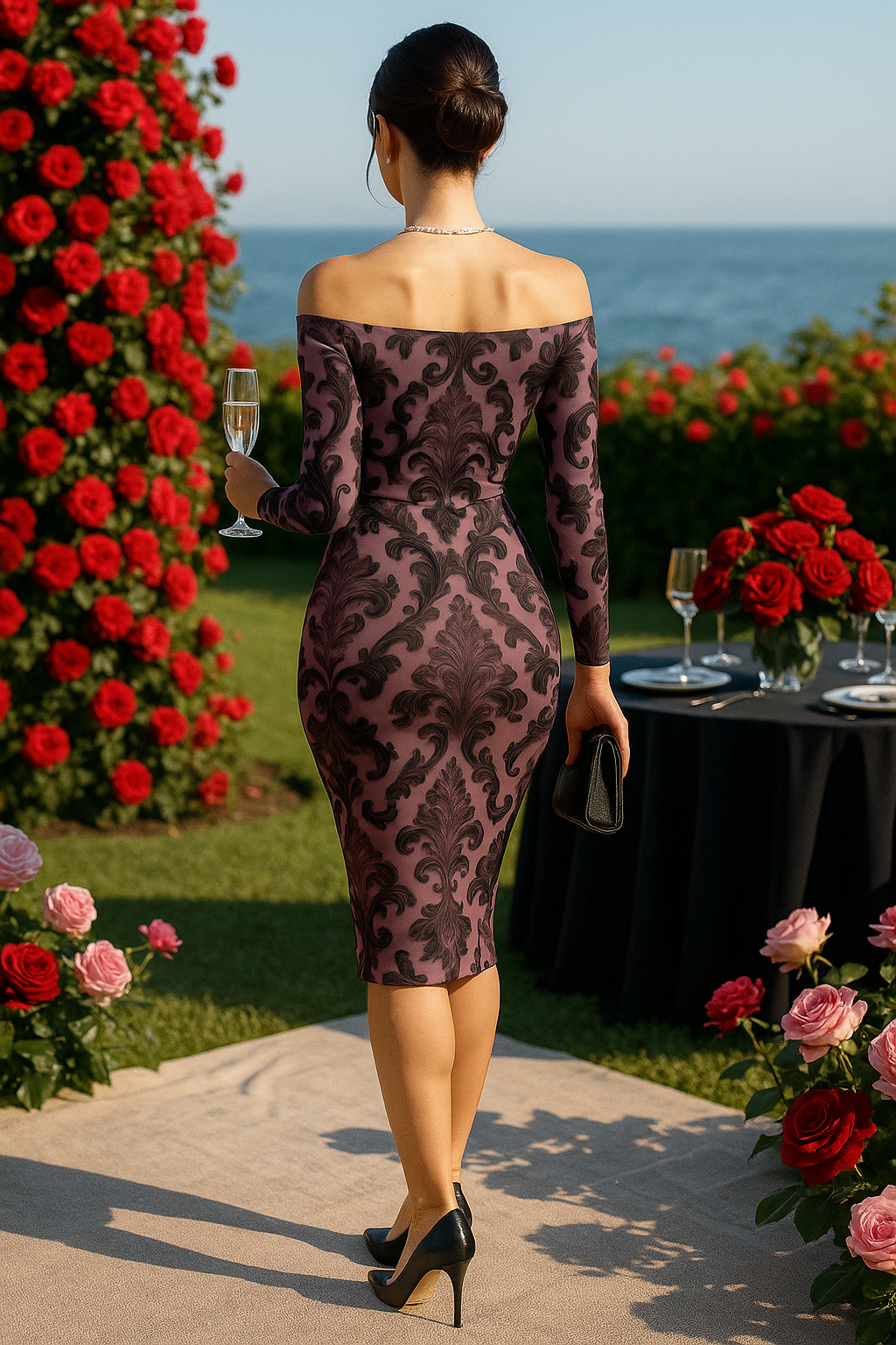 Woman wearing baroque inspired midi cocktail dress by Angelic Blessings Shop at outdoor elegant event