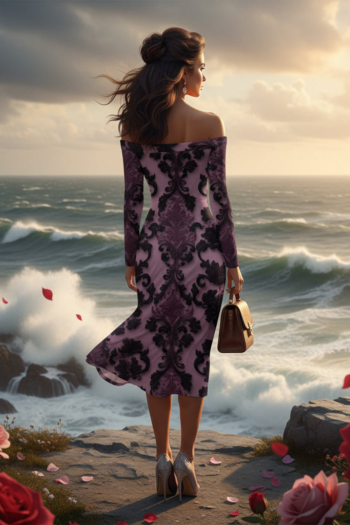 Woman wearing a baroque inspired midi cocktail dress from Angelic Blessings Shop standing by the ocean at sunset