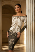 Angelic Blessings Shop off shoulder midi wrap dress with long sleeves and intricate baroque pattern