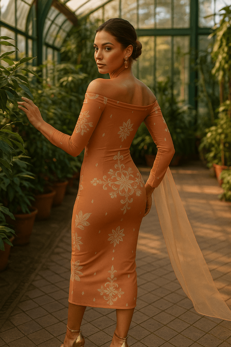 Baroque off shoulder midi dress in warm tones with intricate floral patterns from Angelic Blessings Shop