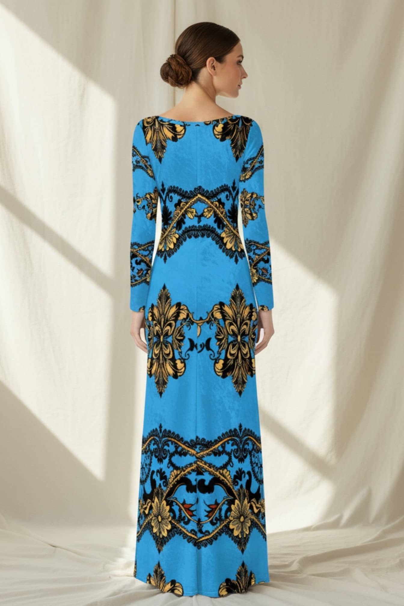 Back view of a baroque print velvet maxi dress in blue and gold from Angelic Blessings Shop