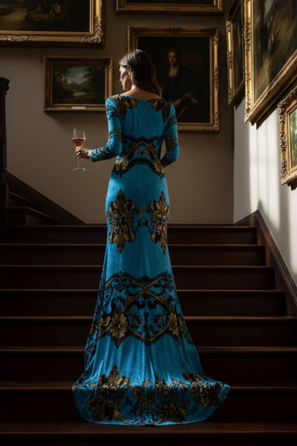 Angelic Blessings Shop baroque print velvet maxi dress in blue with gold detailing worn on staircase