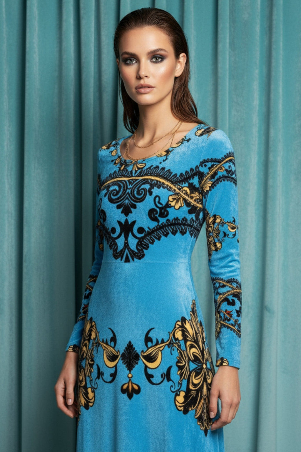 Angelic Blessings Shop blue baroque print velvet maxi dress with long sleeves and ornate gold detailing