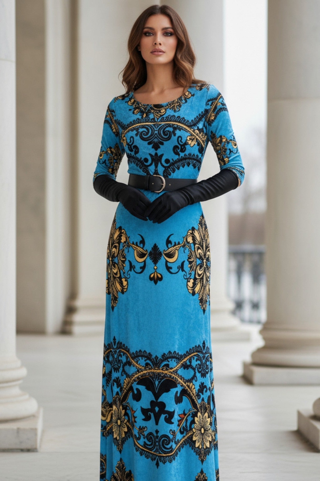 Blue baroque print velvet maxi dress with long sleeves and black belt from Angelic Blessings Shop