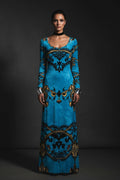 Angelic Blessings Shop baroque print velvet maxi dress in blue with gold and black ornate patterns
