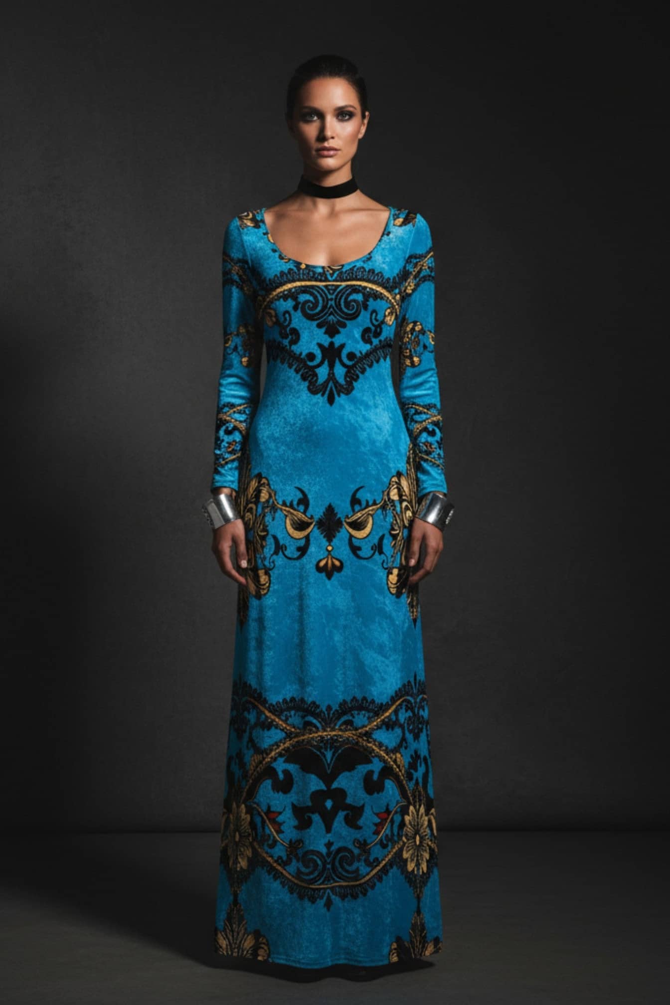 Angelic Blessings Shop baroque print velvet maxi dress in blue with gold and black ornate patterns