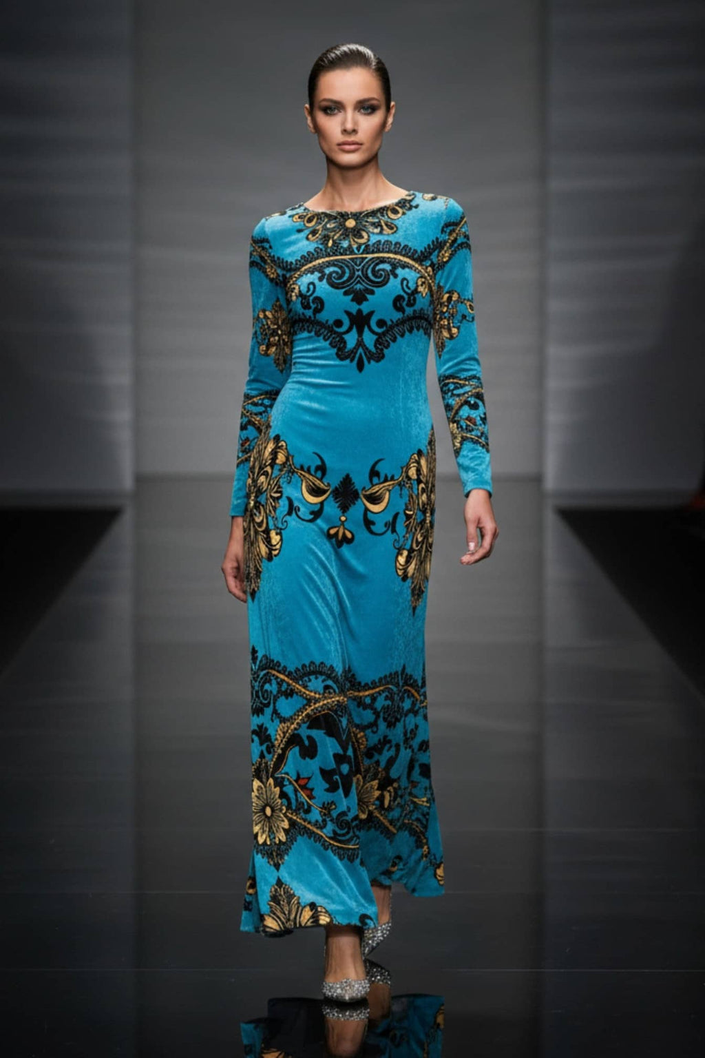 Angelic Blessings Shop blue baroque print velvet maxi dress with long sleeves and ornate gold patterns