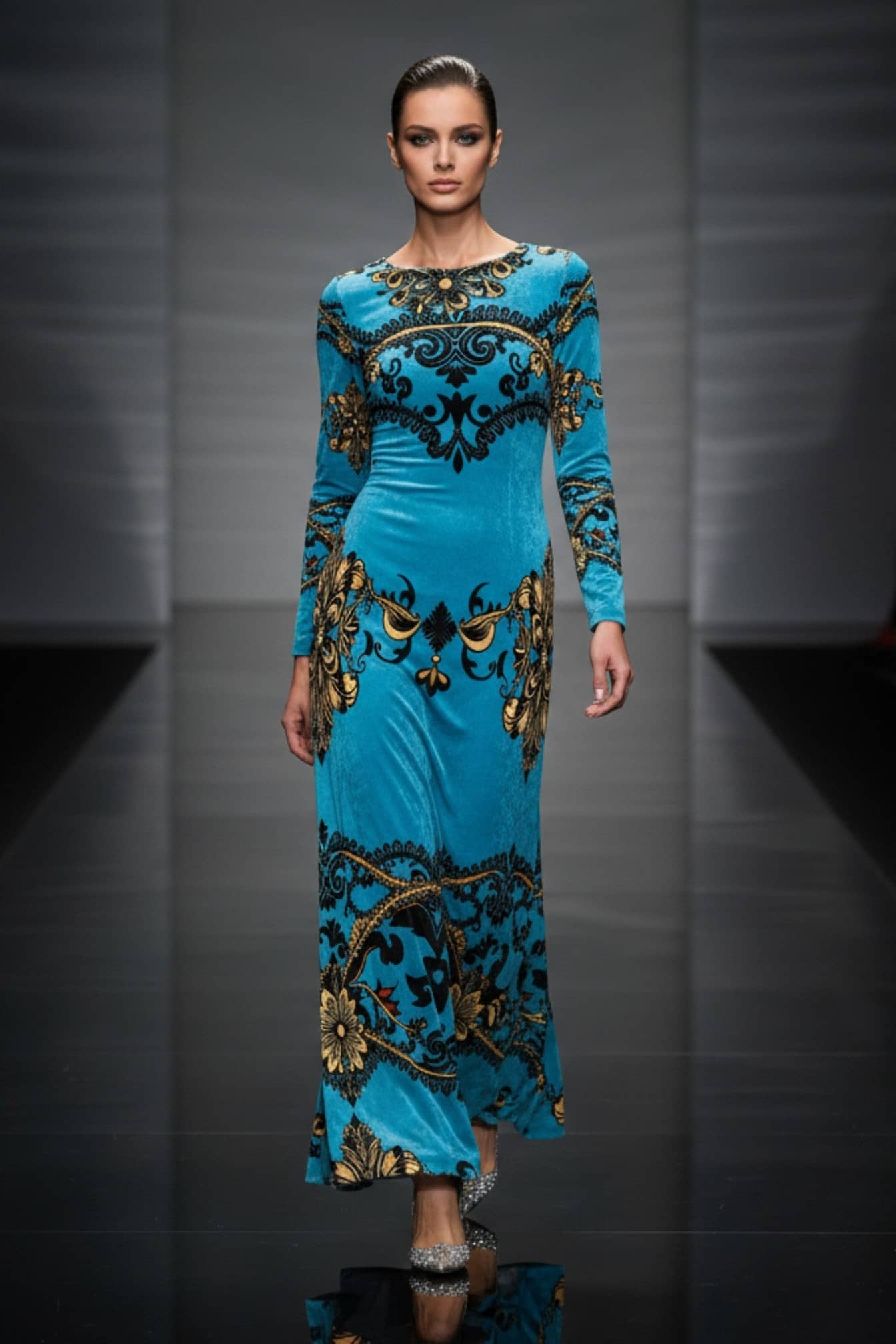 Angelic Blessings Shop blue baroque print velvet maxi dress with long sleeves and ornate gold patterns