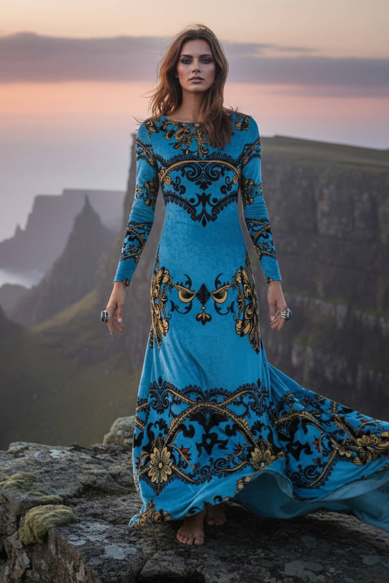 Blue baroque print velvet maxi dress with long sleeves worn outdoors near cliffs at sunset