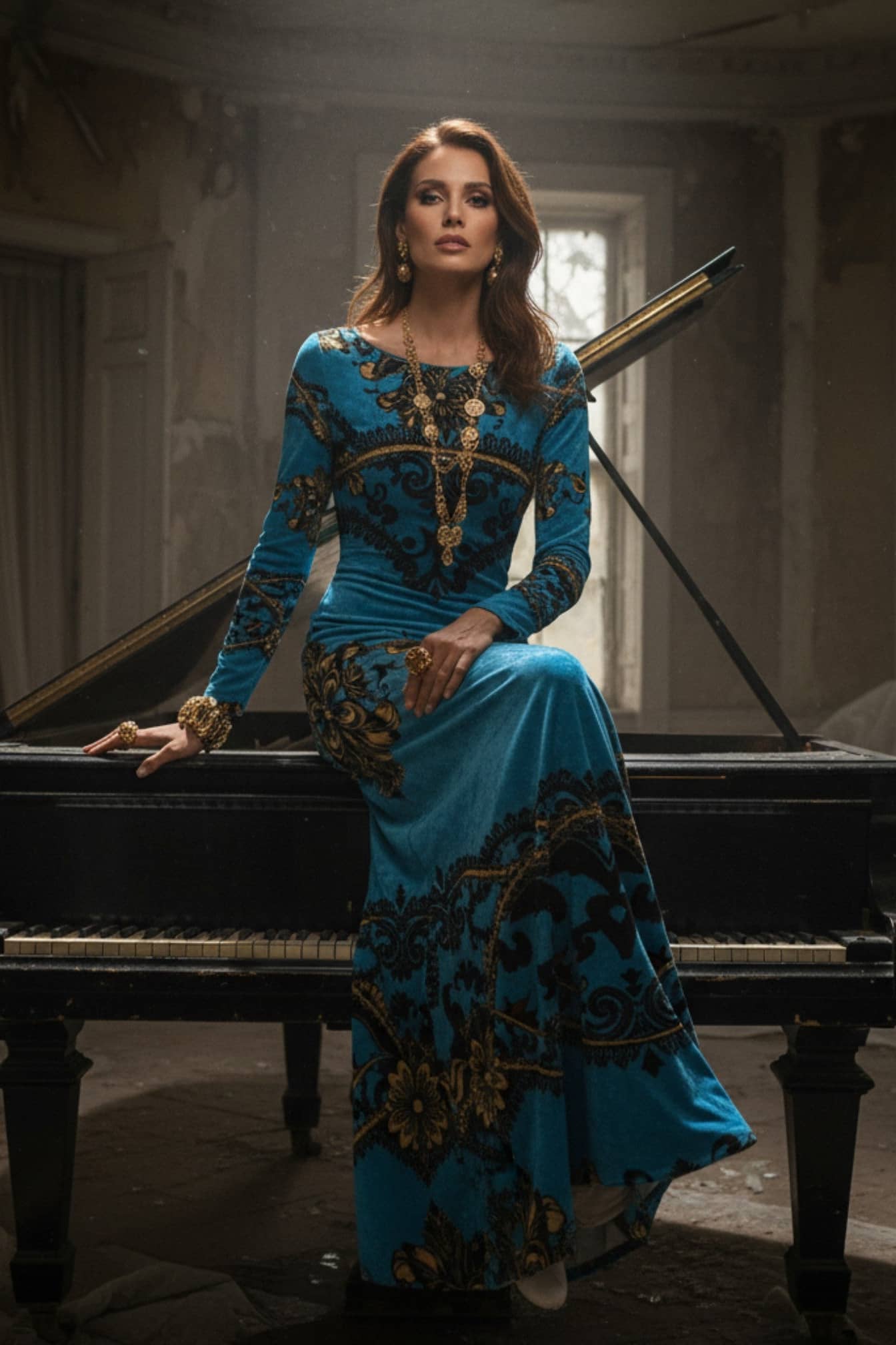 Elegant baroque print velvet maxi dress in blue worn by woman sitting on grand piano from Angelic Blessings Shop
