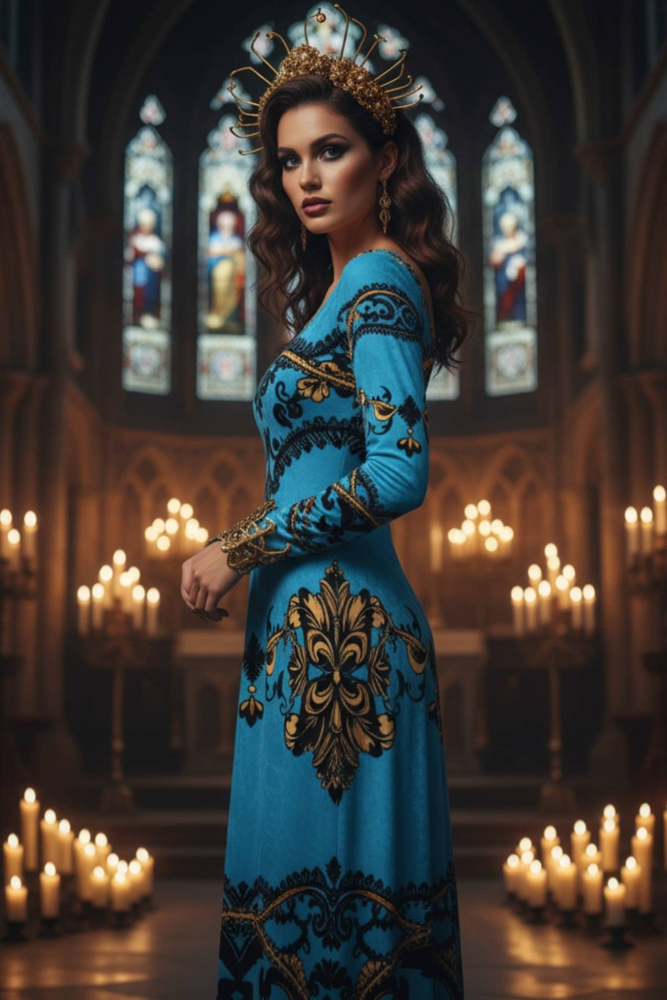 Angelic Blessings Shop baroque print velvet maxi dress in blue with gold patterns worn in candlelit gothic setting