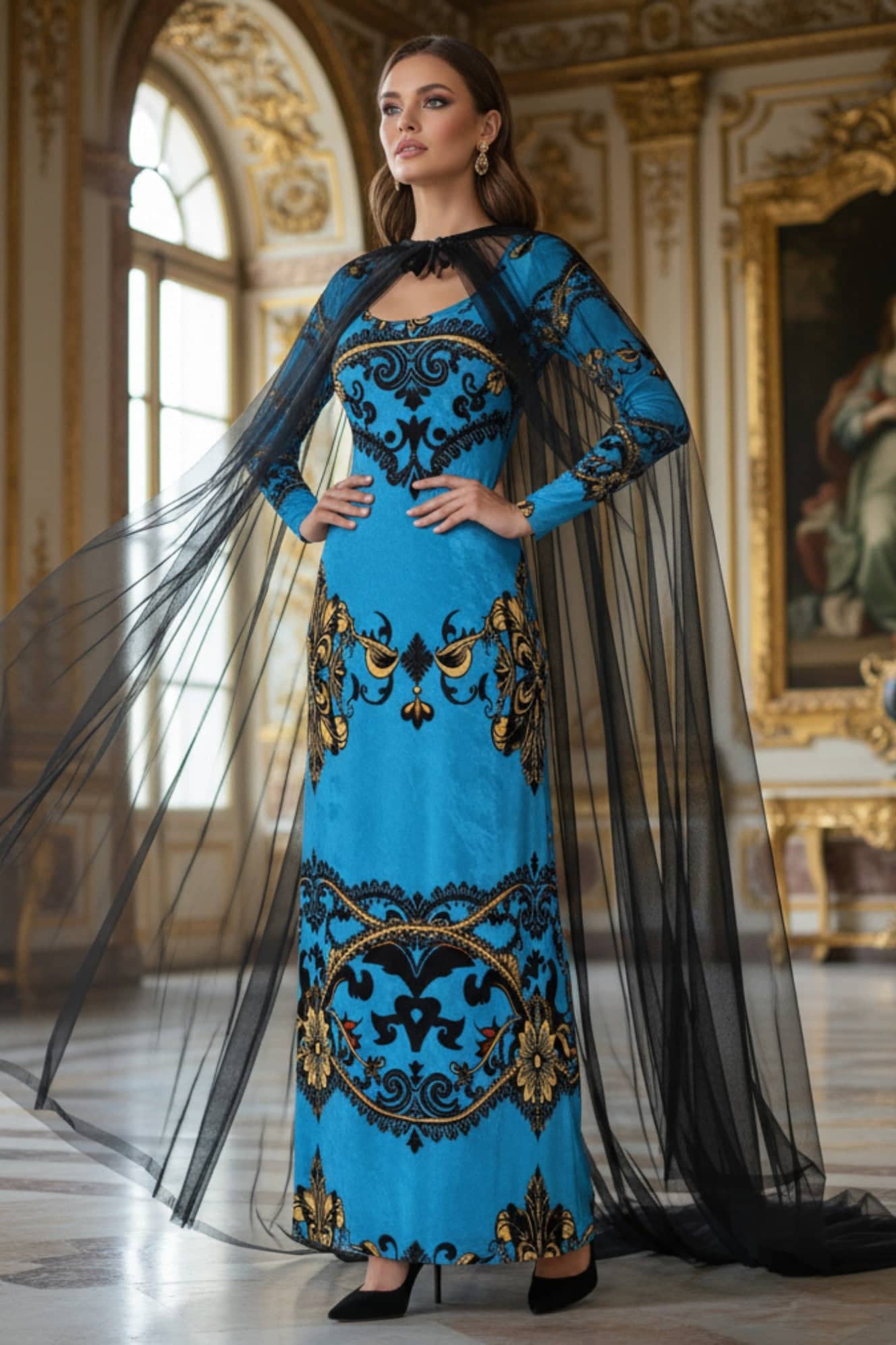 Blue baroque print velvet maxi dress with long sleeves and black sheer cape from Angelic Blessings Shop