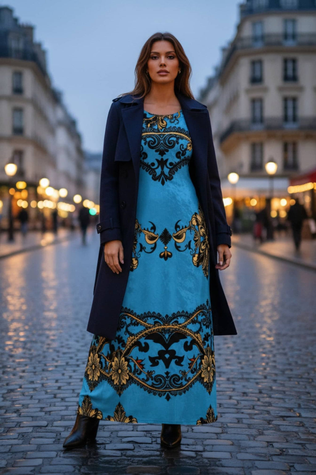 Woman wearing a baroque print velvet maxi dress in blue and gold with a navy coat on city street