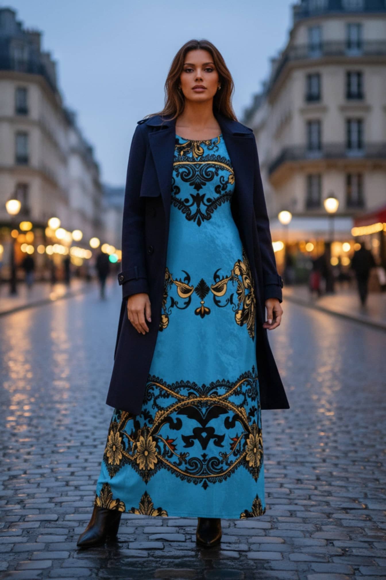Woman wearing a baroque print velvet maxi dress in blue and gold with a navy coat on city street
