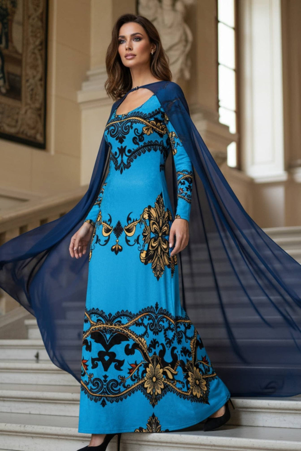 Angelic Blessings Shop baroque print velvet maxi dress in blue with gold floral patterns and sheer navy cape