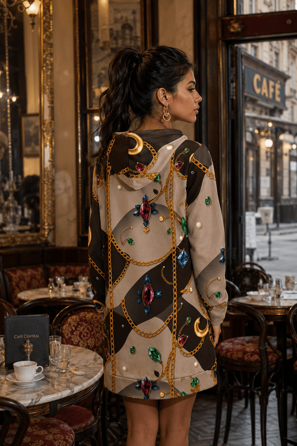 Luxury Violet hoodie velvet dress elegant outfit for evening with colorful jewel chain print