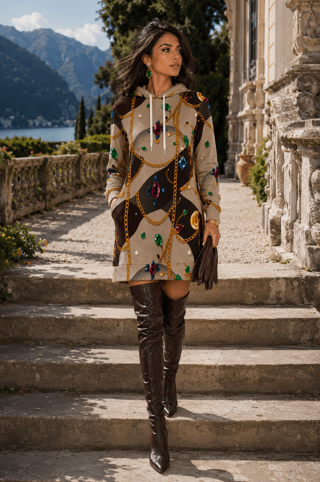 Luxury Violet hoodie velvet dress elegant evening outfit with gemstone accents and high boots