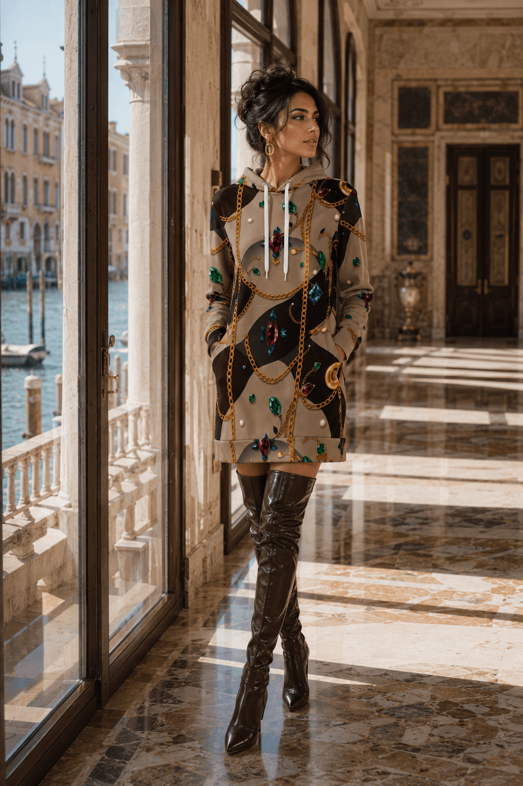 Luxury Violet hoodie velvet dress Elegant outfit with patterned design and knee high boots