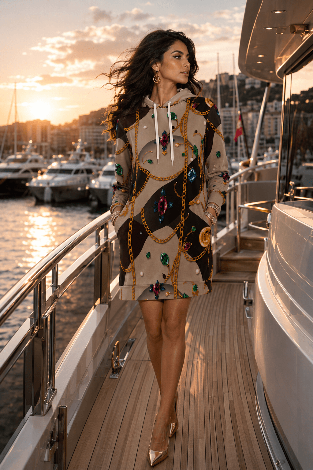 Luxury Violet hoodie velvet dress outfit with elegant evening style on waterfront yacht deck