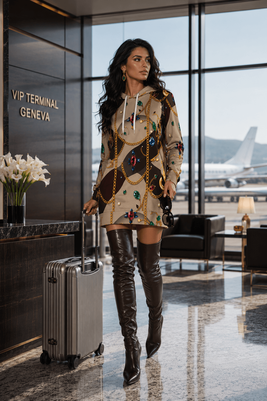 Luxury Violet hoodie velvet dress elegant evening outfit with stylish over the knee boots