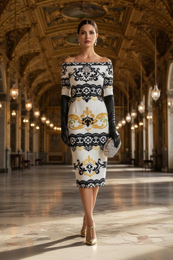 Elegant black and gold lace wrap dress by Angelic Blessings Shop worn by model in ornate hallway