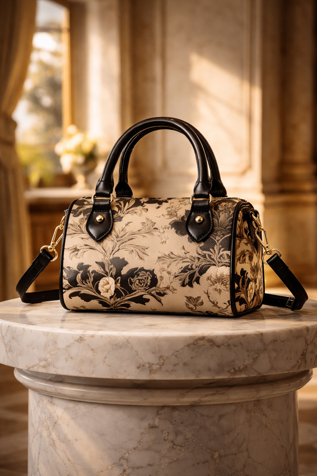 Cinematic Baroque Floral Mini Boston Bag Luxury Barrel Crossbody Handbag Elegant Evening Outfit