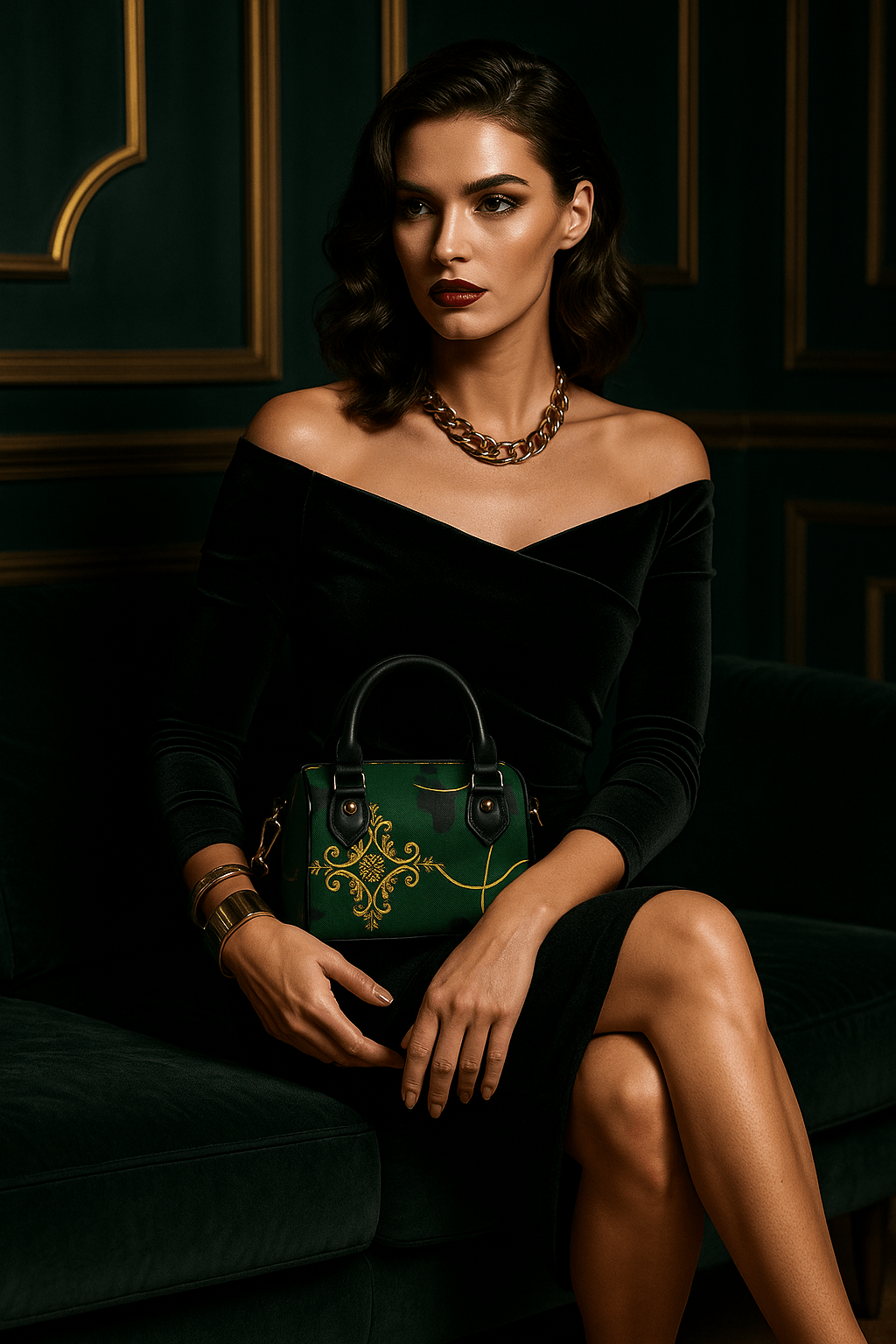 Camo Baroque Gold Ornamental Military leather crossbody mini bag with elegant evening outfit