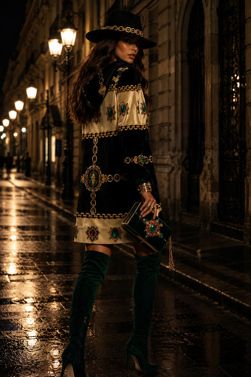 Black & Gold Dress velvet dress hoodie elegant evening outfit with detailed embroidery
