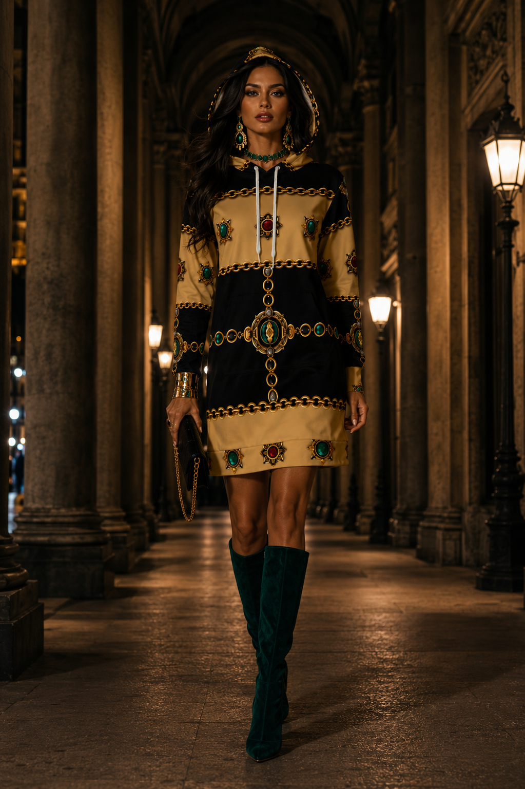 Black & Gold Dress velvet dress hoodie elegant evening outfit with detailed chain patterns