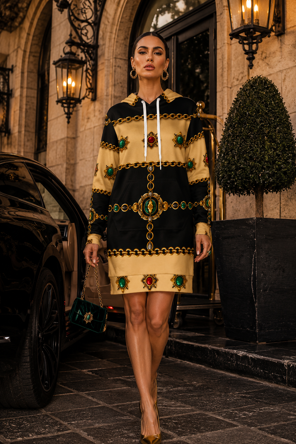 Black & Gold Dress Velvet Dress Hoodie Elegant Evening Outfit with Chain Pattern