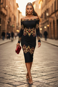 Off-the-shoulder dress Elegant evening outfit with floral print and long sleeves