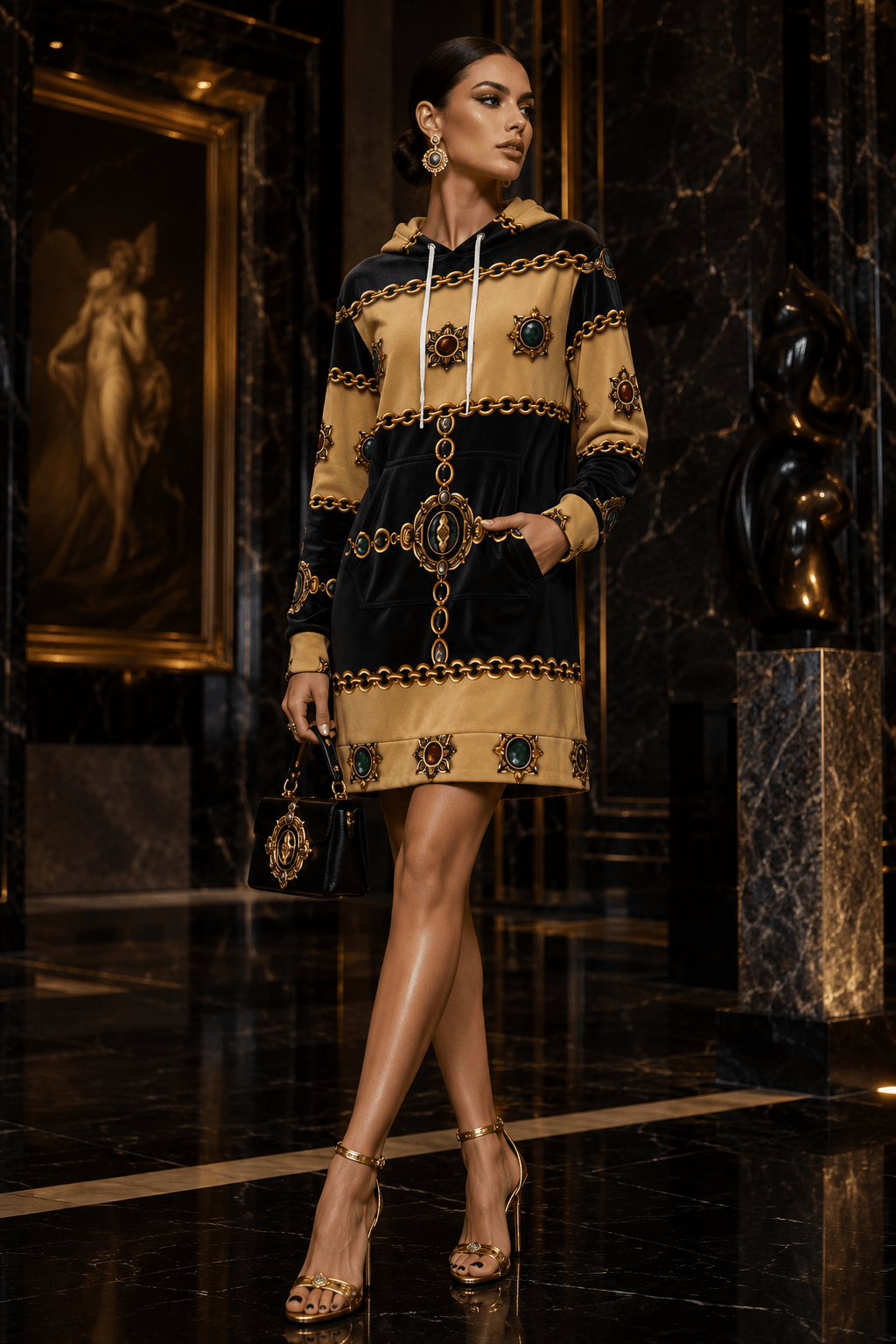 Black & Gold hoodie velvet dress elegant outfit for evening wear with decorative patterns