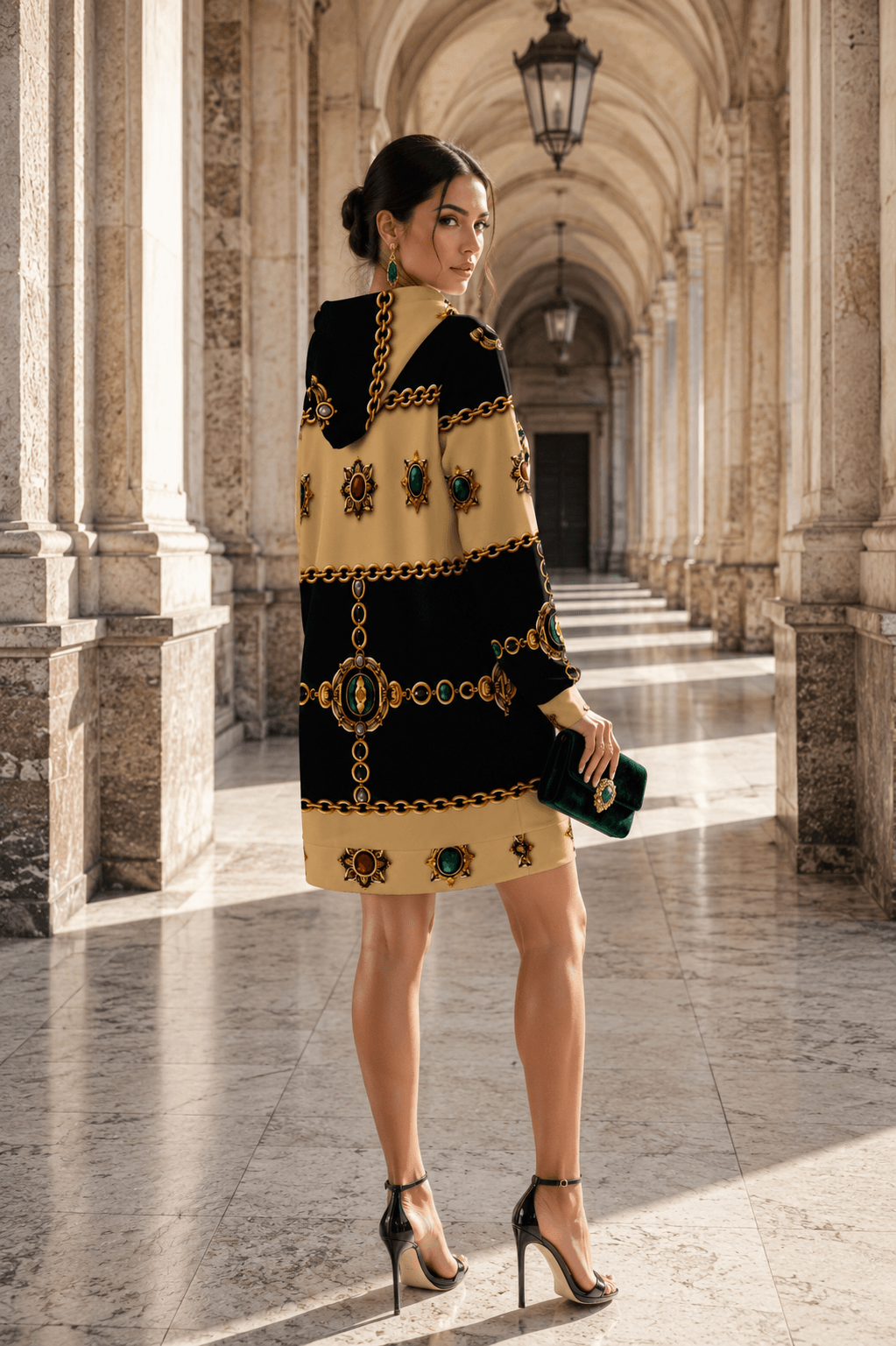Black & Gold hoodie velvet dress elegant evening outfit with stylish patterns