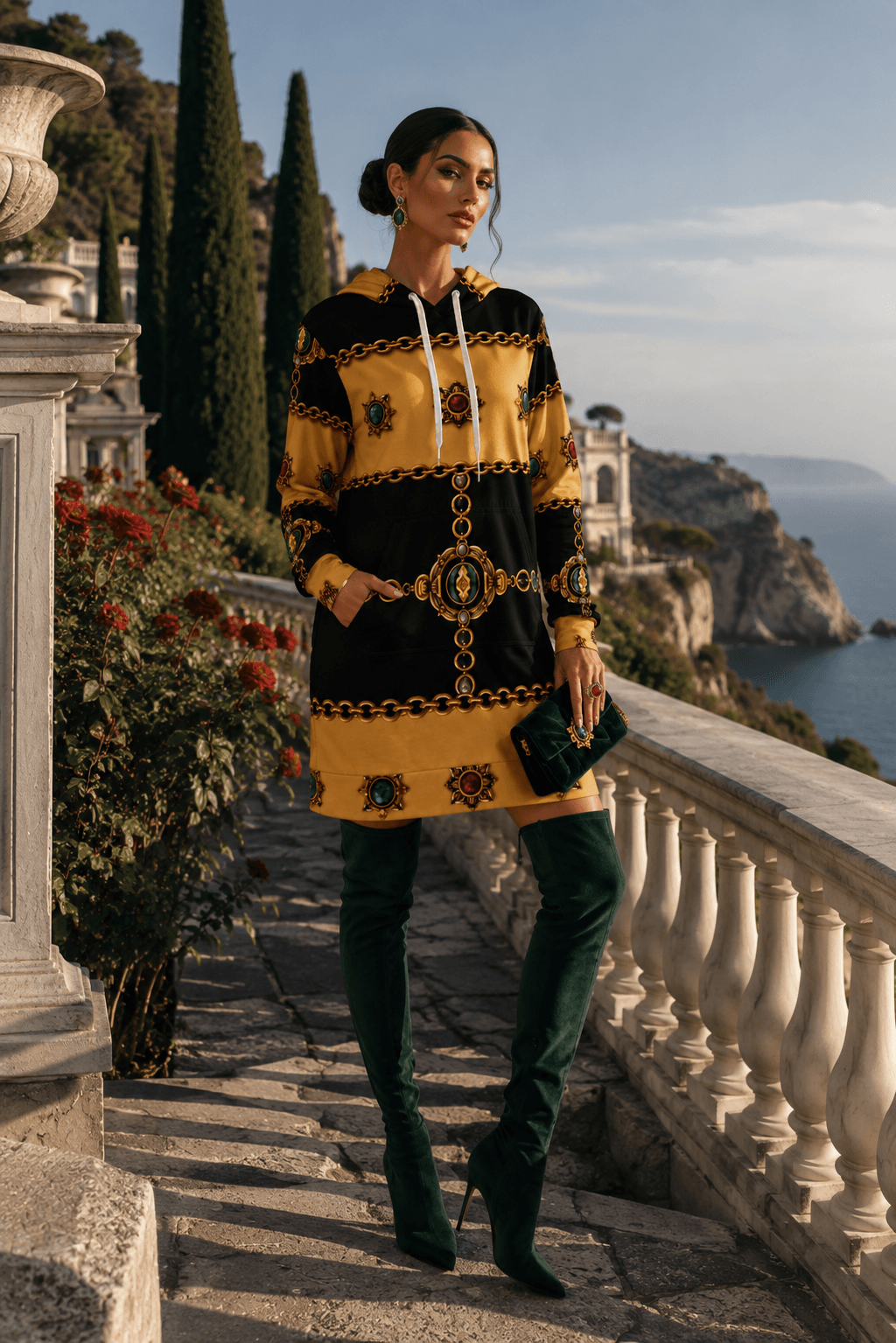 Black & Gold hoodie velvet dress elegant evening outfit with intricate gold chain pattern
