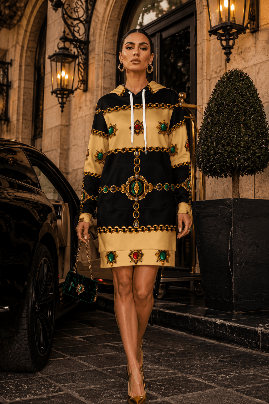 Black & Gold hoodie velvet dress Elegant Evening Outfit Stylish and Comfortable