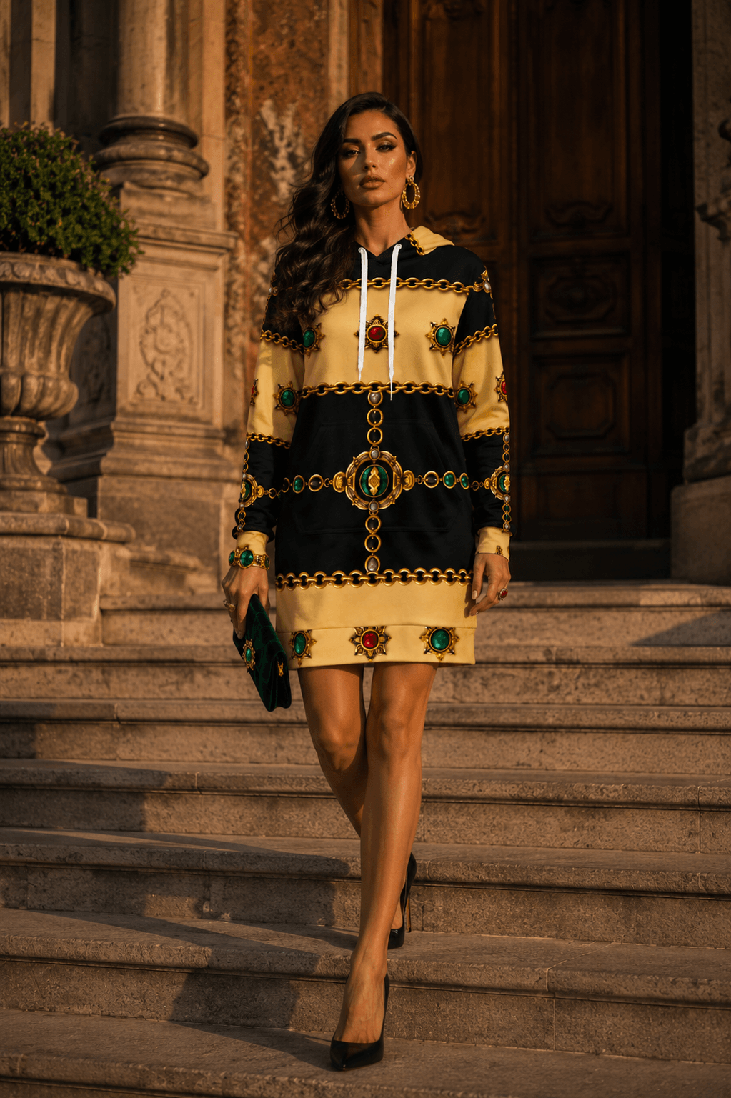 Black & Gold hoodie velvet dress elegant evening outfit with chain and jewel print design