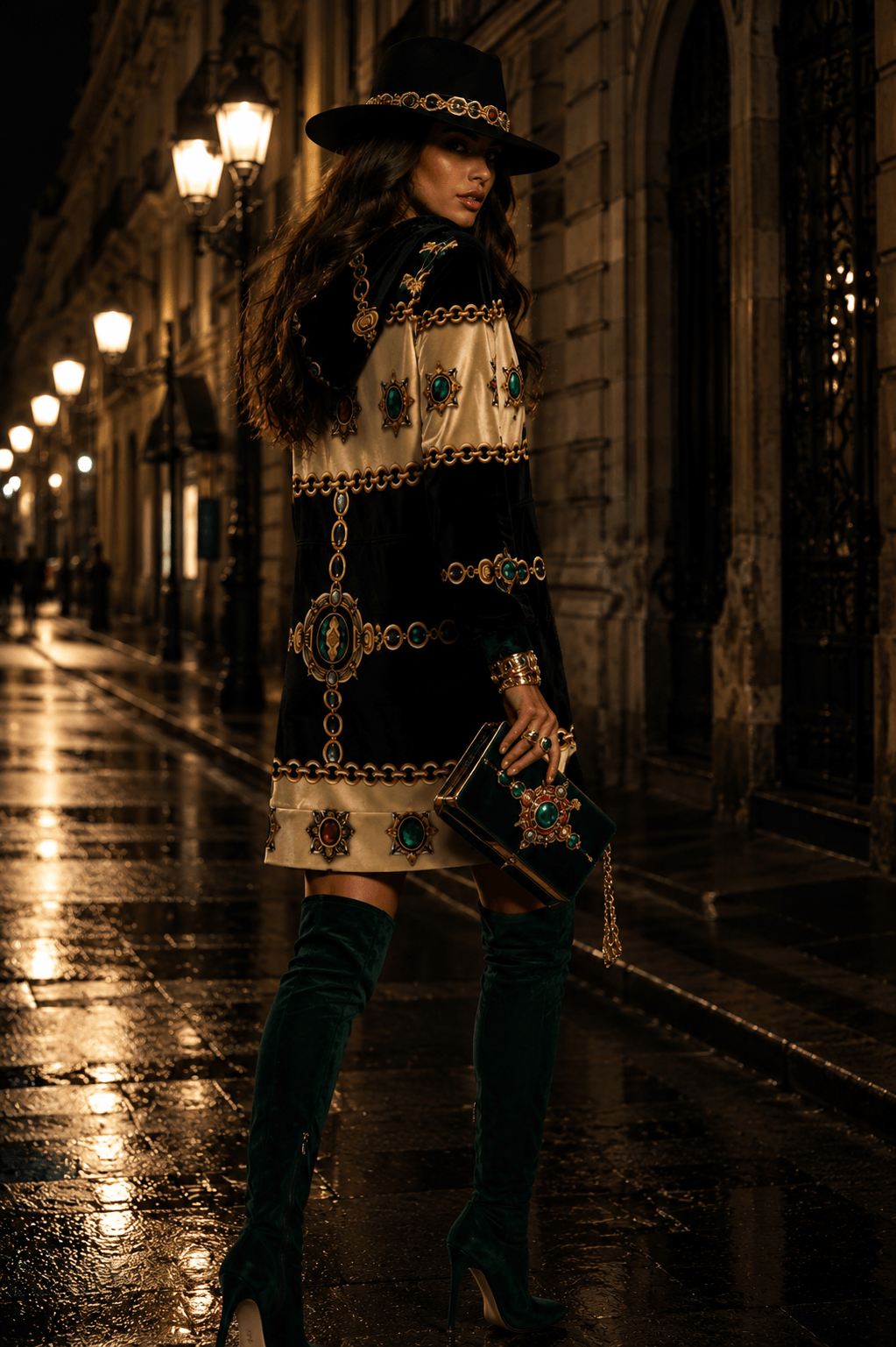 Black & Gold hoodie velvet dress elegant evening outfit with decorative embroidery and chic accessories