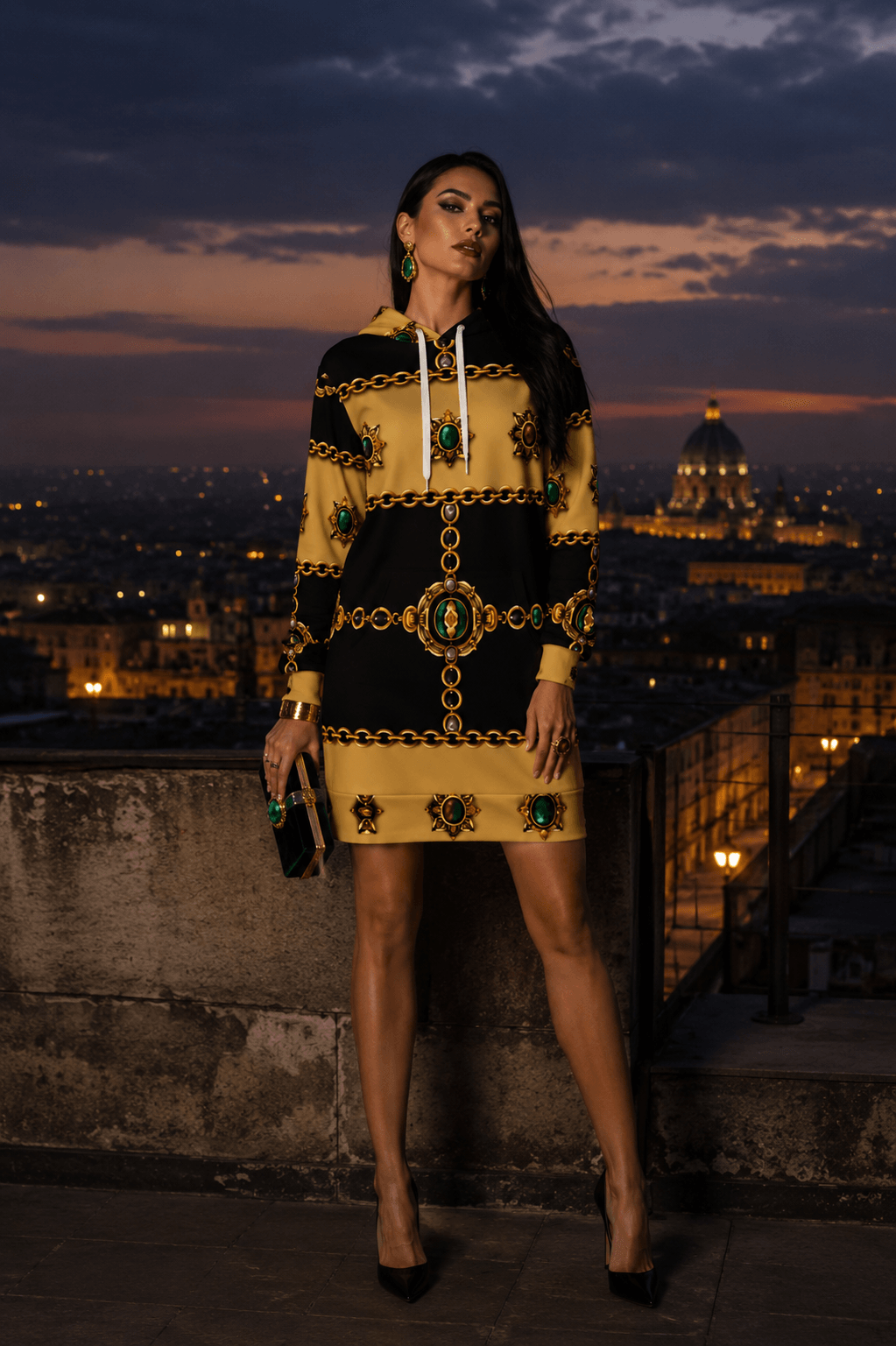 Black & Gold hoodie velvet dress elegant evening outfit with chain pattern and long sleeves