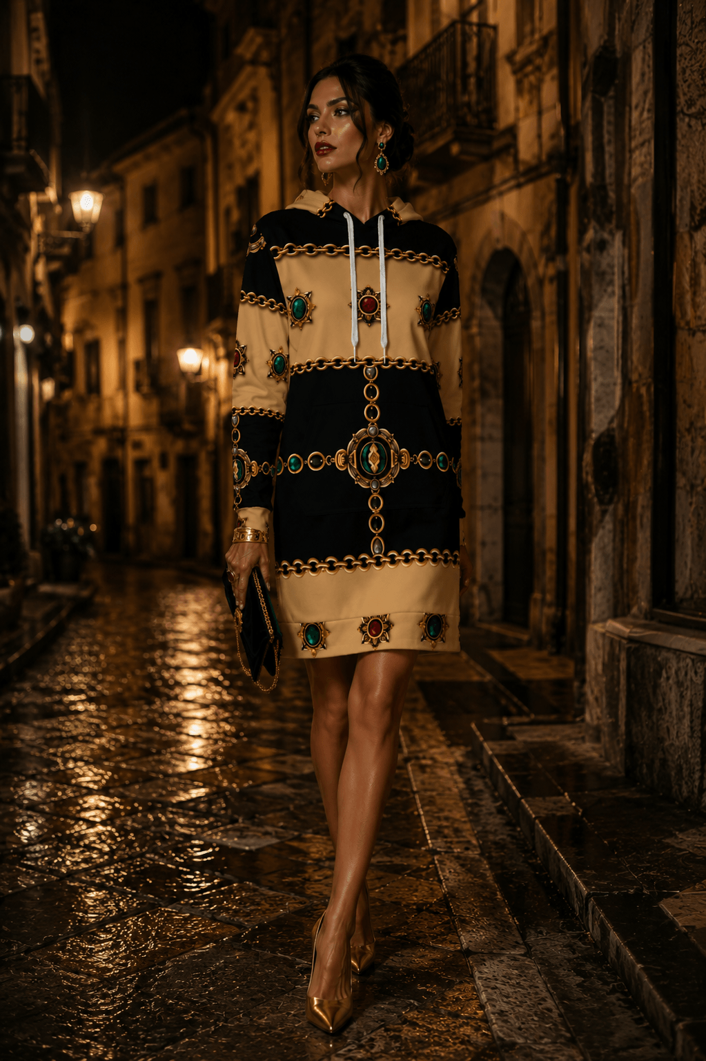 Black & Gold hoodie velvet dress elegant evening outfit with detailed chains and jewels