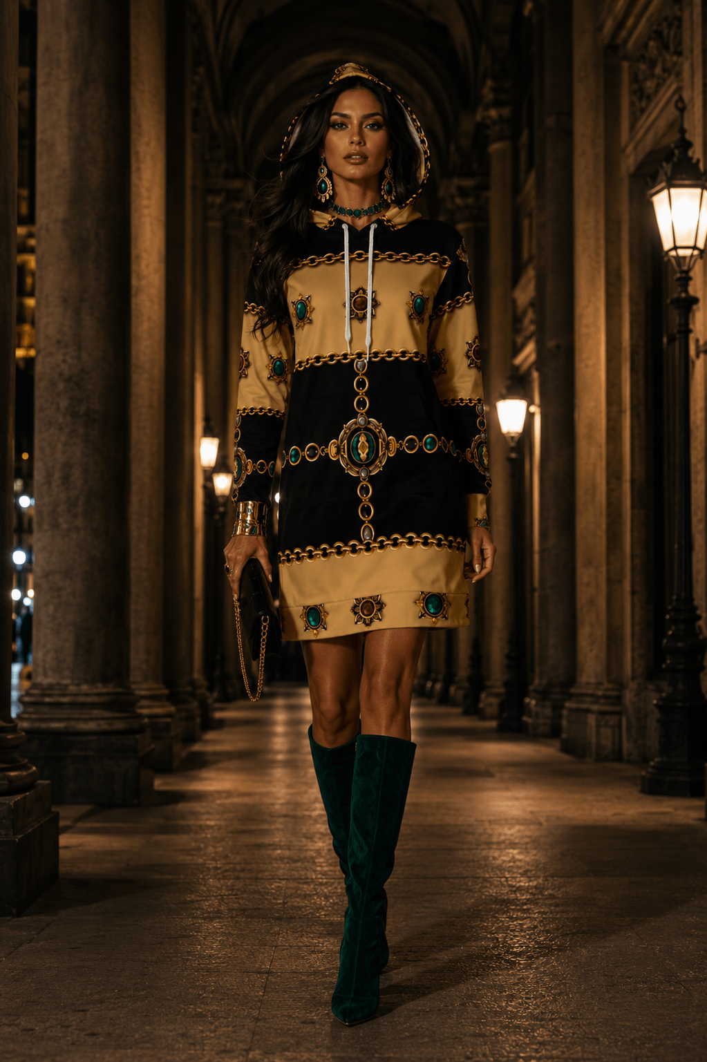 Black & Gold hoodie velvet dress elegant evening outfit with detailed patterns and boots
