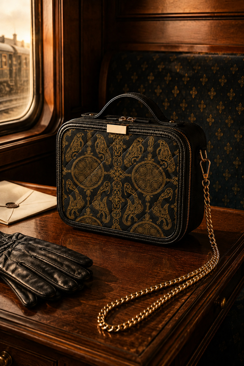 Black & Gold Pictish crossbody bag with elegant chain strap perfect for evening outfit